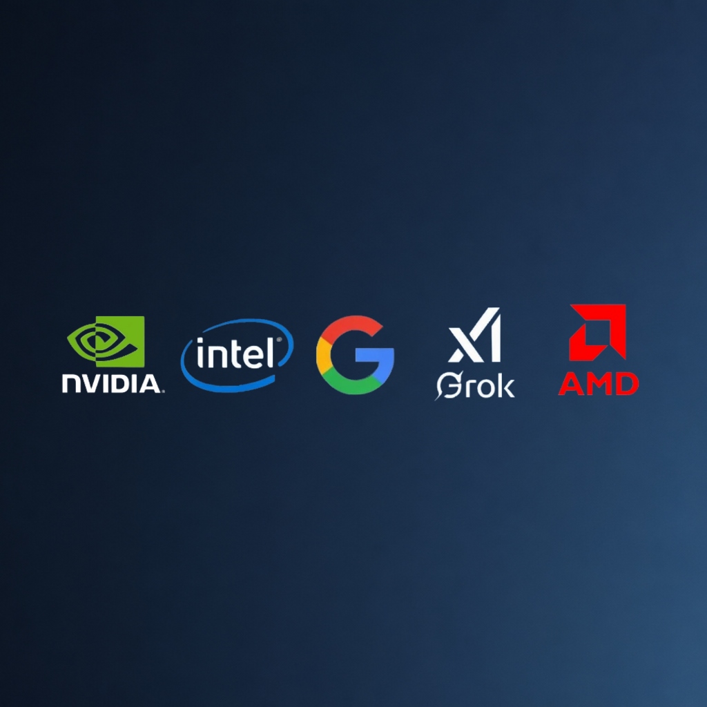 Nvidia, Intel, Google, Grok and AMD logos in one row